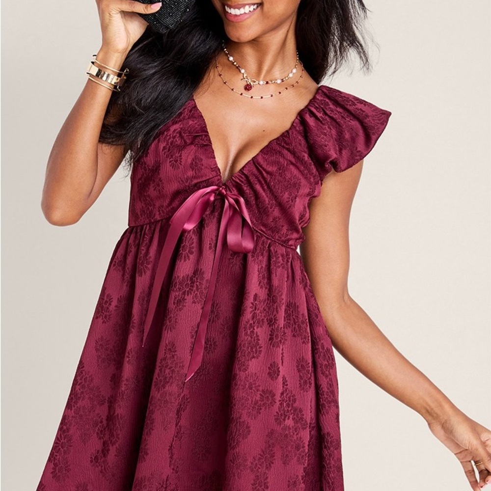 Francesca’s Burgundy Satin Tie Babydoll Dress